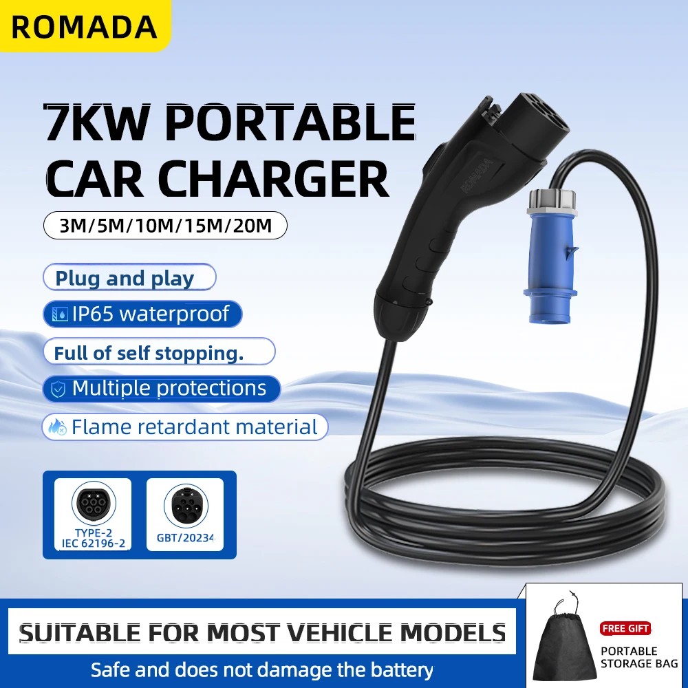 Ev Charger Adapter - เครื่องชาร์จรถยนต์ไฟฟ้าแบบพกพา 7KW 32A พร้อมสายเคเบิล 3M-20M มาตรฐาน